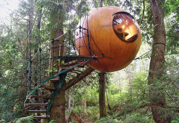 Spherical treehouses suspended in the forest at Qualicum, British Columbia
