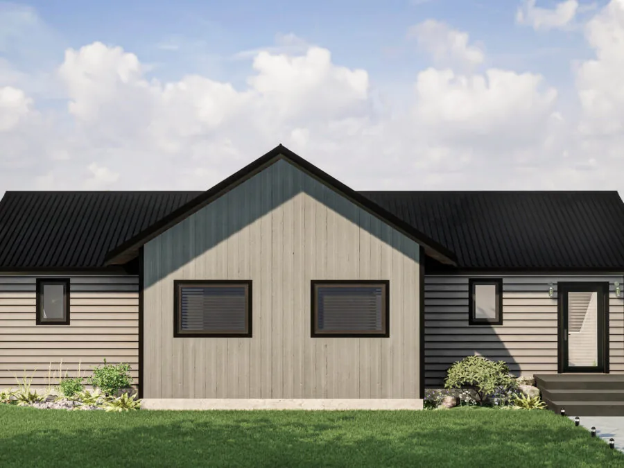Modern single-story house with black roof, cream and dark siding, large front windows, and landscaped yard. (2 of 6)