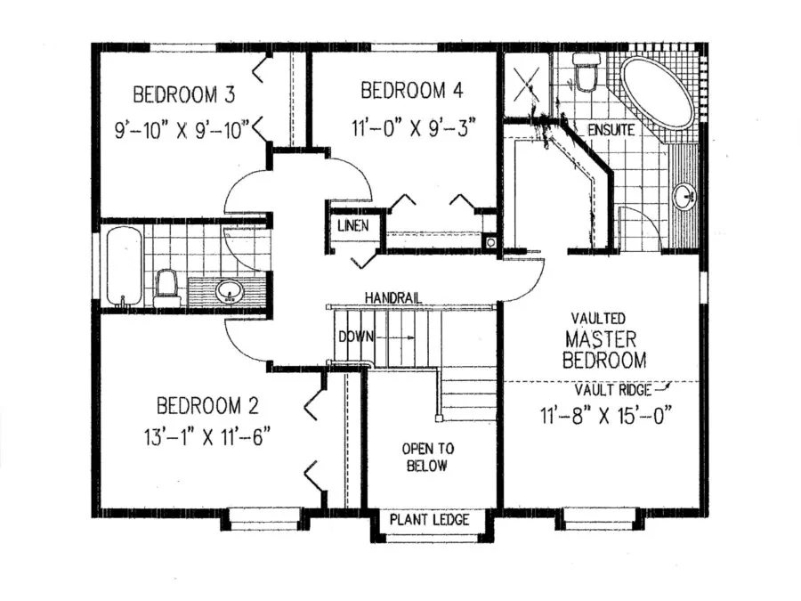 Second floor architectural plan showing master bedroom, three additional bedrooms, ensuite, and linen closet layout. (2 of 3)