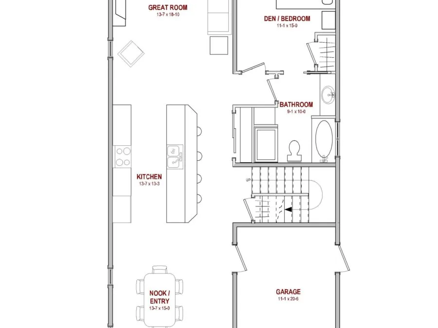 Floor plan of a residential unit showing great room, den/bedroom, bathroom, kitchen, nook/entry, and garage with labeled dimensions. (1 of 3)