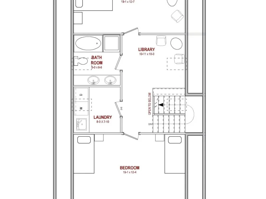 Floor plan showing two bedrooms, library, bathroom, and laundry room with dimensions and furniture layouts. (2 of 3)