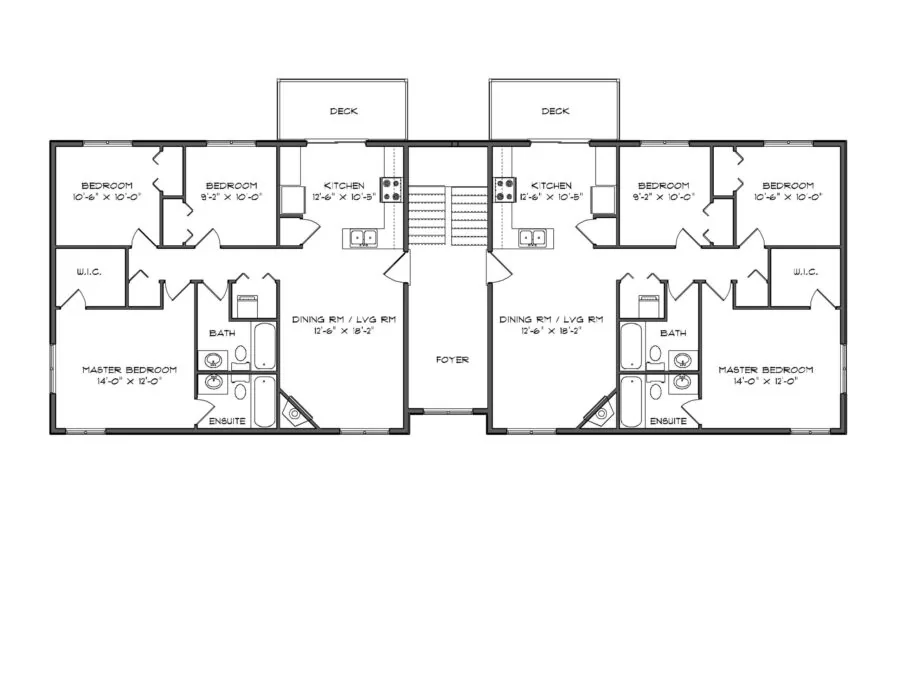 Floor plan of a two-unit residential building showing bedrooms, bathrooms, kitchen, dining room, and deck areas with dimensions. (2 of 3)