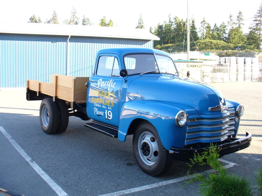 The restored 1952 Pacific Builders Supplies Chev delivery truck