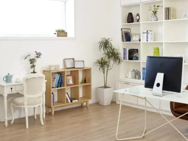Built-in shelving giving a room designated storage