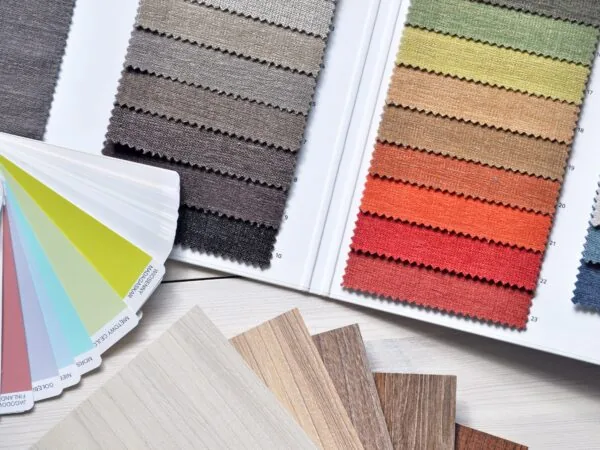 Paint colour samples laid out on a table