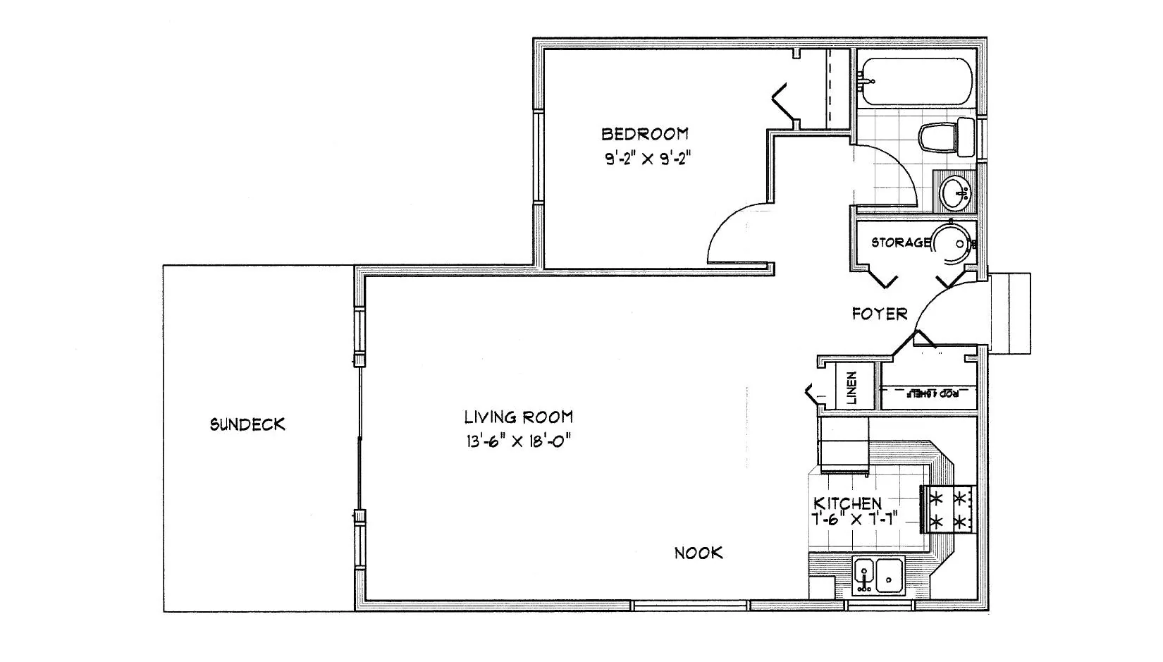 Floor plan layout showing bedroom, living room, kitchen, nook, foyer, storage, and bundeck with room dimensions.