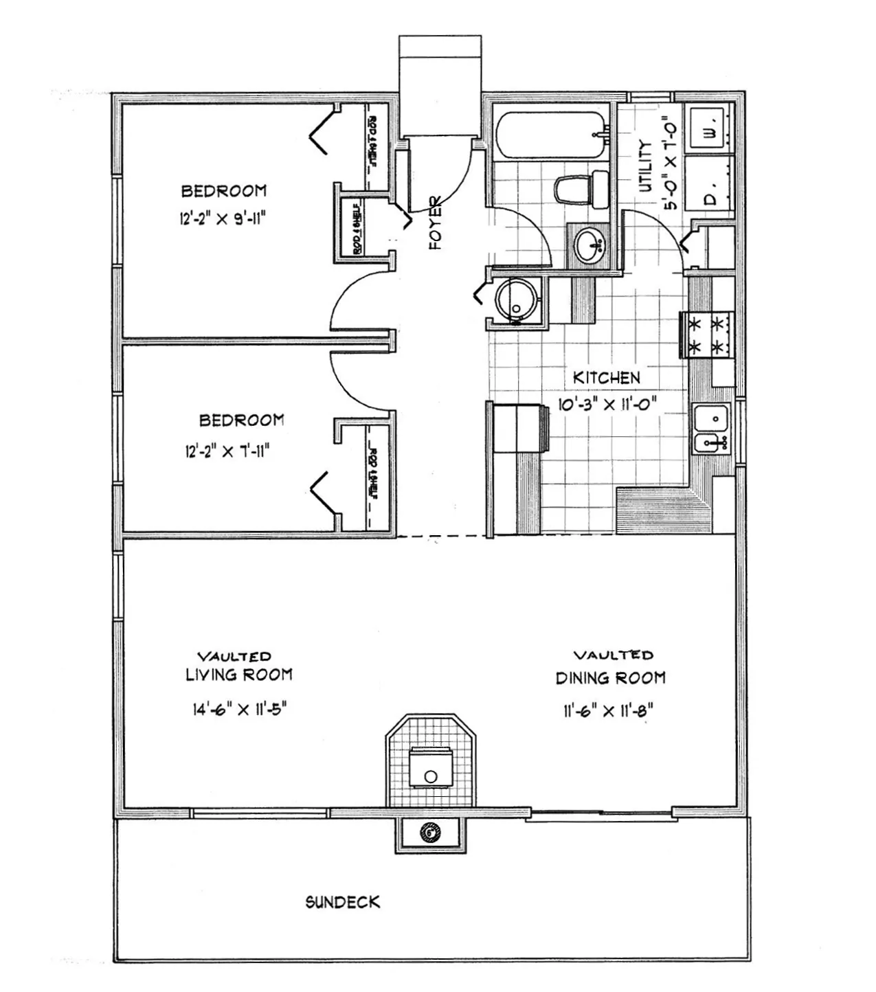 Floor plan of a two-bedroom apartment showing bedroom, kitchen, bathrooms, living room, dining room, and sundeck.