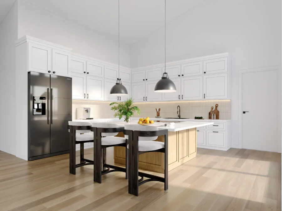 Modern white kitchen with black stainless steel appliances, island seating, and pendant lighting. (3 of 4)
