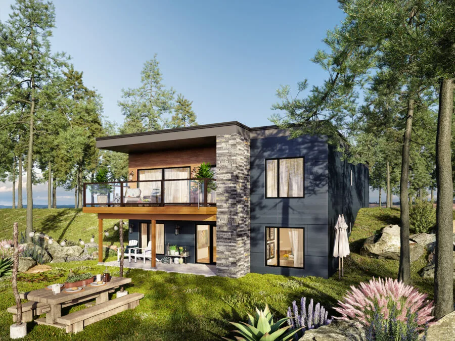 Modern two-story house with stone and wood exterior surrounded by landscaped gardens and trees. (1 of 4)