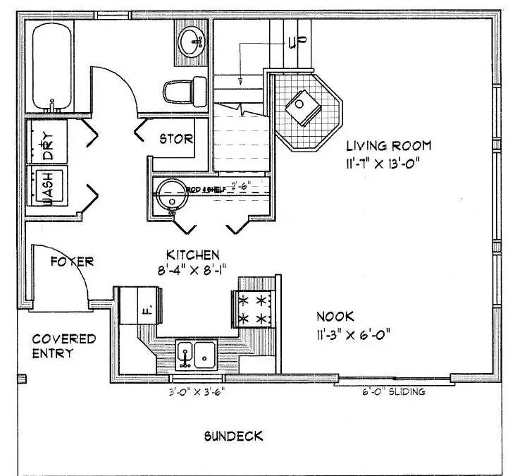 Floor plan of a one-bedroom apartment showing living room, kitchen, nook, bathroom, storage, and covered entry. (1 of 3)