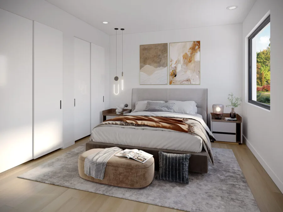 Modern bedroom with gray upholstered bed, white built-in wardrobes, pendant lights, and earth-tone abstract artwork above headboard. (6 of 6)