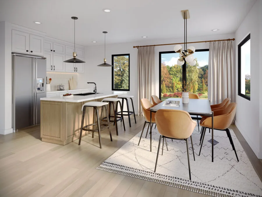 Modern open-concept kitchen and dining area with white cabinetry, wooden island, cognac chairs, and large windows overlooking fall foliage. (5 of 6)