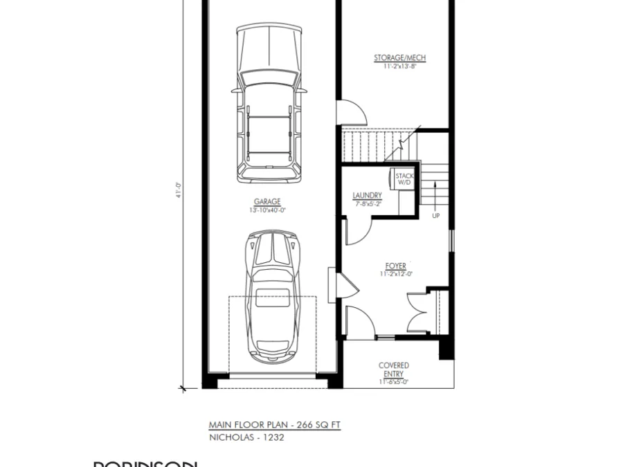 Main floor plan for Nicholas 1232 home showing garage, laundry, foyer, covered entry, and storage areas across 266 square feet. (9 of 10)