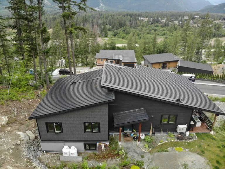 Modern dark-roofed home nestled among evergreen trees in a mountain valley with other houses visible in the background.