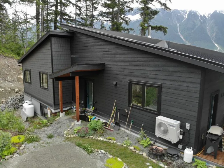 Modern black cabin with orange accents nestled among evergreen trees with snow-capped mountains in the background.