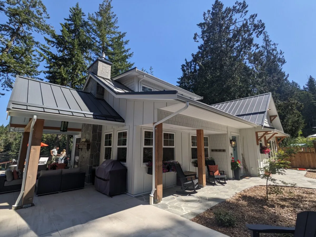Up close look at the home's roof and exterior walls