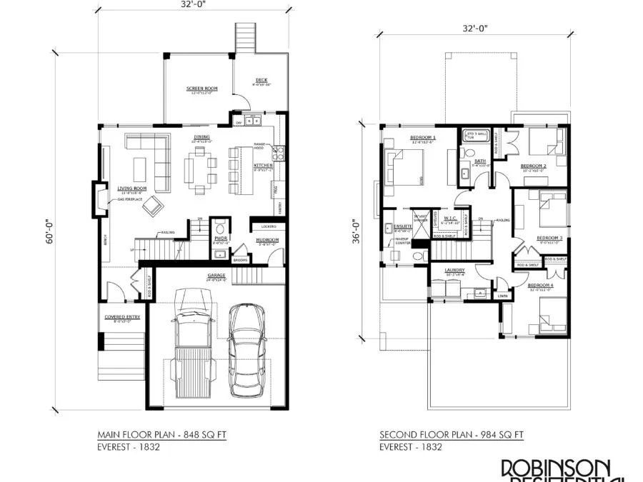 Two-story residential floor plans showing main floor layout of 848 sq ft and second floor layout of 984 sq ft. (1 of 4)