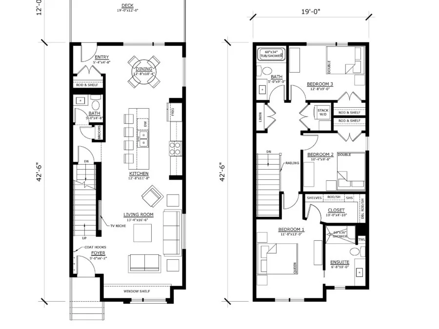 Two-story townhouse floor plans showing 784 sq ft main floor and 794 sq ft second floor with bedrooms, bathrooms, kitchen, and living spaces. (1 of 4)