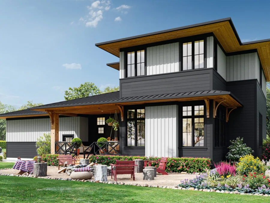 Modern farmhouse with black and white exterior, wooden accents, front porch, and landscaped garden with colorful flowers. (1 of 4)
