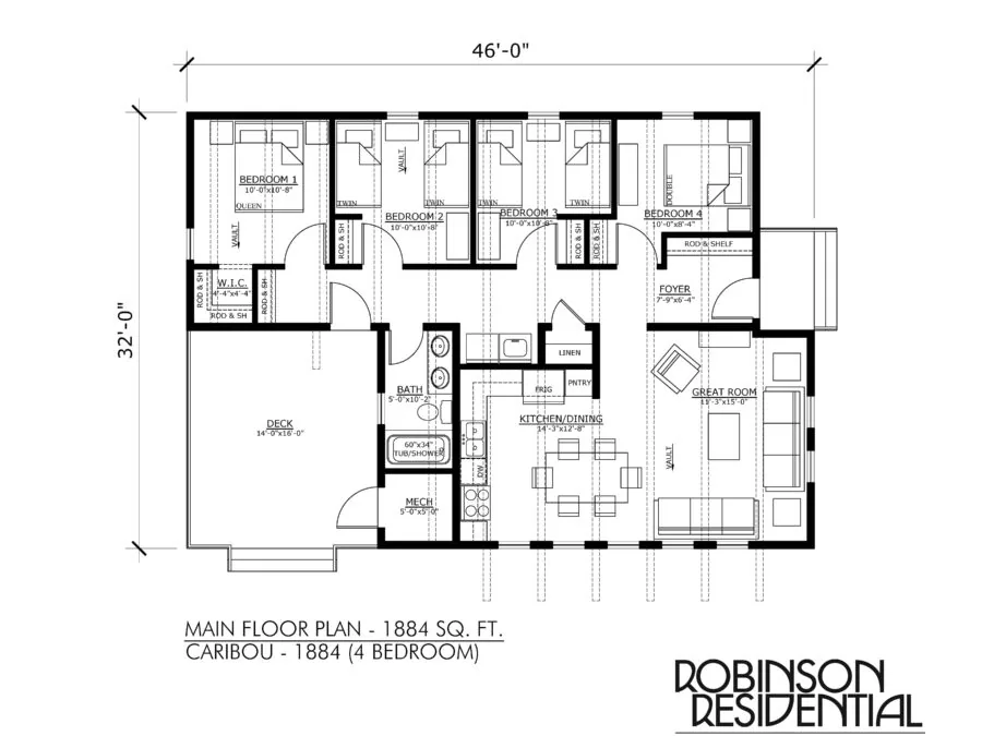 Main floor plan for Caribou 1884 four-bedroom residential home showing layout of bedrooms, bathrooms, kitchen, and living spaces. (2 of 4)