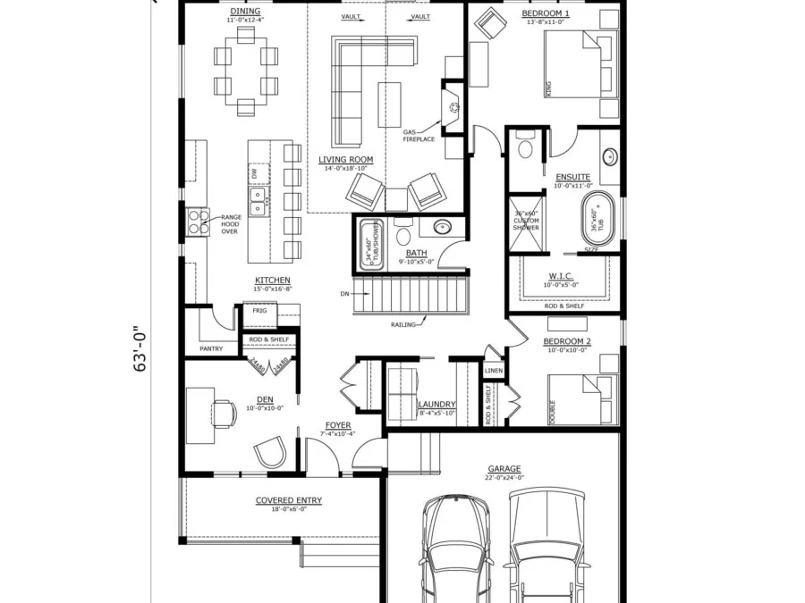 Architectural floor plan for a 1,635 square foot residential home showing room layouts, dimensions, and furniture placement. (1 of 2)
