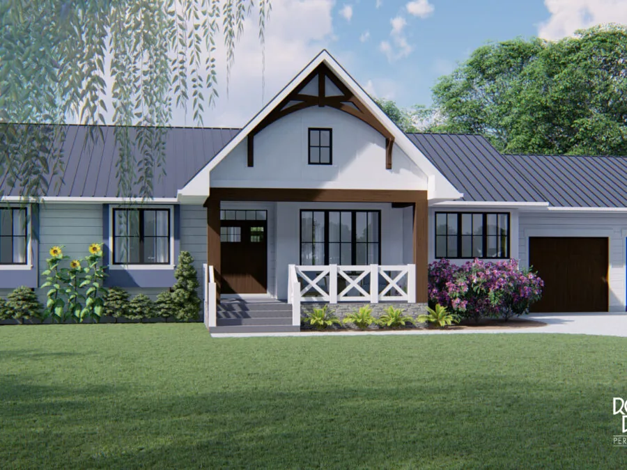 Modern farmhouse with white exterior, metal roof, two-car garage, and manicured landscaping. (1 of 2)