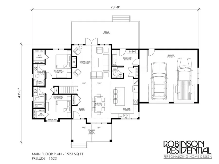 Main floor plan for a 1,523 square foot residential home showing room layouts, garage, and dimensions. (2 of 2)