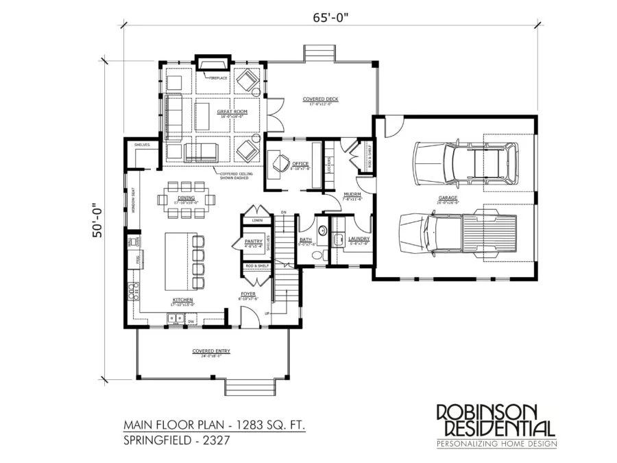 Main floor plan for Springfield 2327 house model showing 1283 sq ft layout with garage, kitchen, bedrooms, and living spaces. (2 of 4)