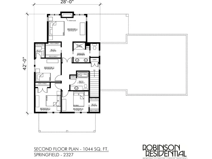Second floor architectural plan for Springfield-2327 showing 1,044 square feet with bedrooms, bathrooms, and ensuite layout. (3 of 4)