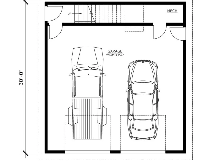 Architectural floor plan of a 840 square foot two-car garage with stairs and mechanical room. (1 of 3)