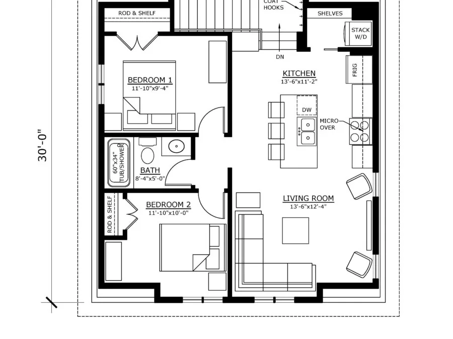 Second floor architectural plan for 768 sq ft two-bedroom apartment with kitchen, living room, and bathroom. (2 of 3)