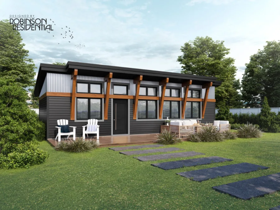 Modern black and wood residential home with large windows, front deck, and manicured lawn designed by Robinson Residential. (3 of 4)