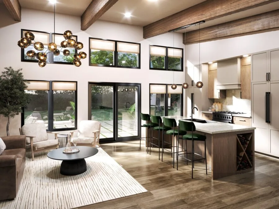 Modern open-concept home interior featuring a living room, kitchen, and dining area with large windows overlooking a patio. (4 of 4)