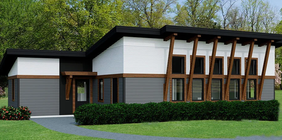 Modern residential house with white and gray exterior, wood accents, and large windows on a landscaped lot. (1 of 4)