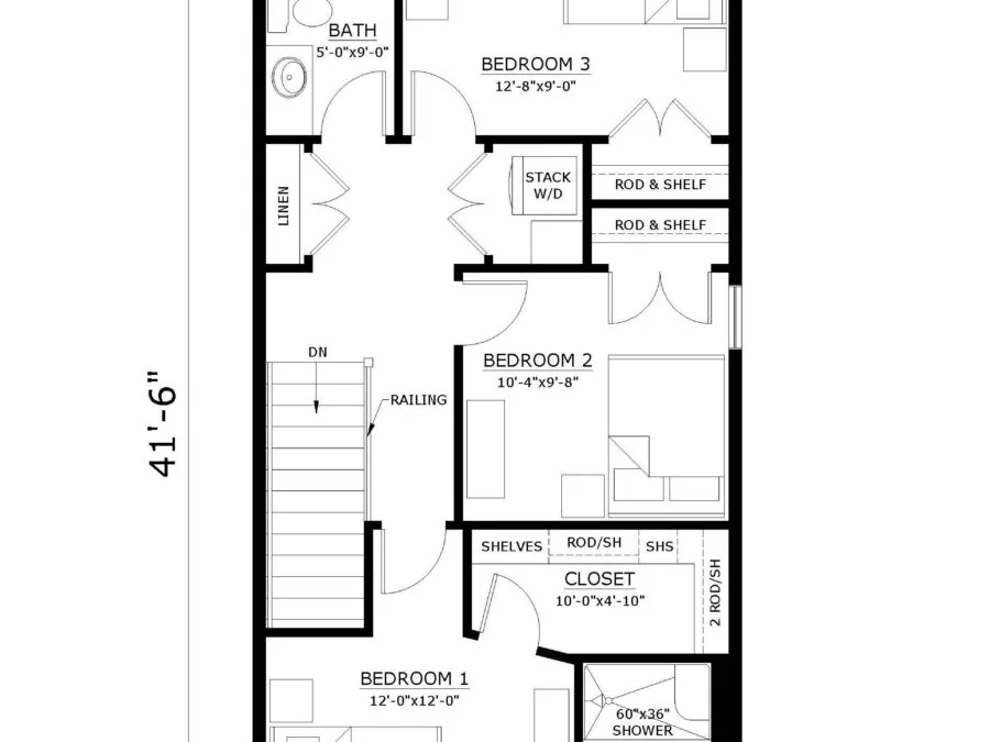 Second floor plan of 780 sq ft residence showing three bedrooms, two bathrooms, closet, and laundry space. (2 of 6)
