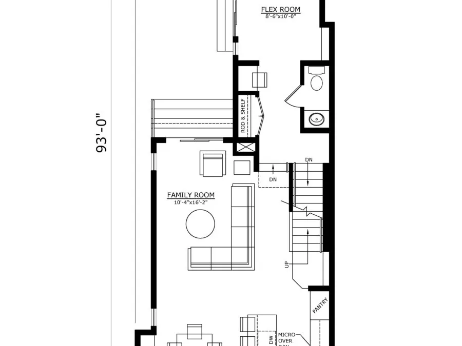 Main floor architectural plan for a 1,091 square foot narrow townhouse with garage, rooms, and kitchen layout. (3 of 6)
