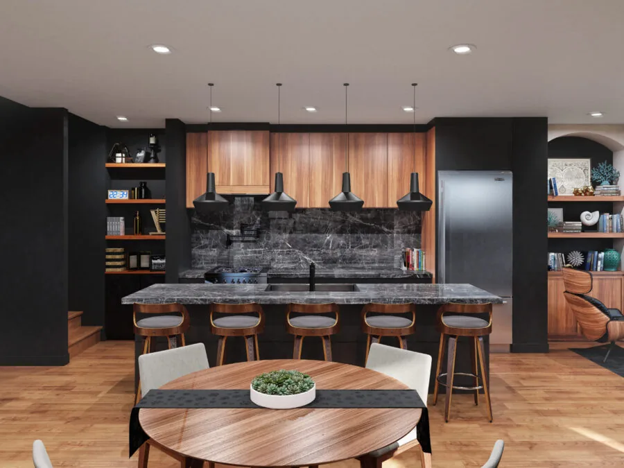 Modern kitchen and dining area with black walls, wood cabinetry, gray countertops, and mid-century style seating. (4 of 6)