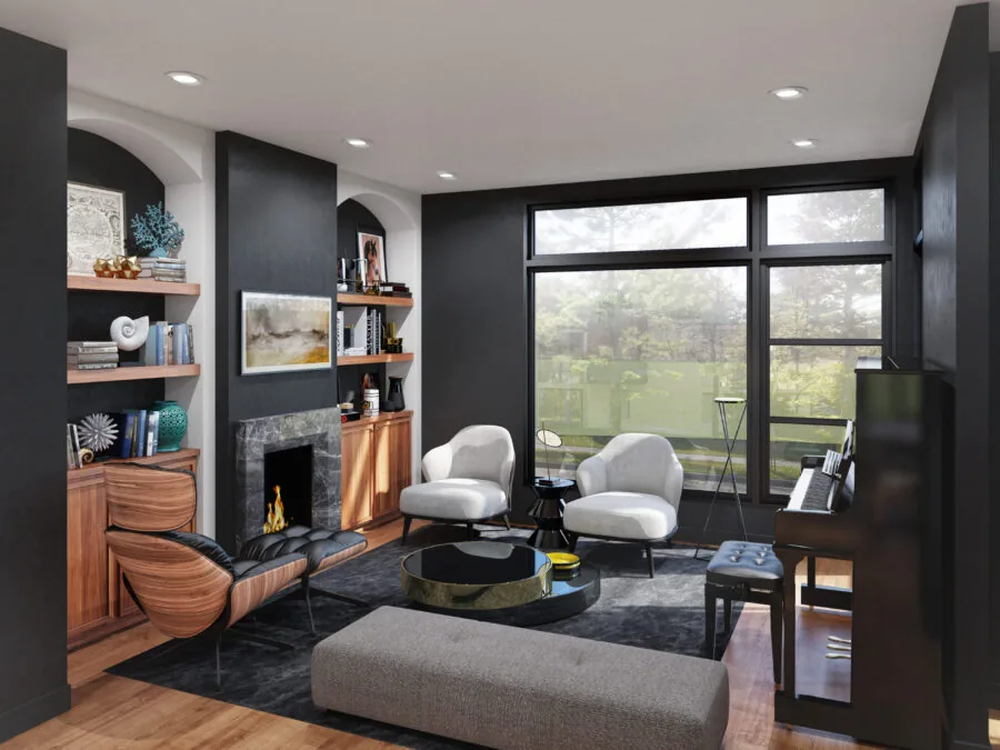 Modern living room with black walls, wooden shelving, fireplace, two gray armchairs, and large windows overlooking green landscape. (6 of 6)