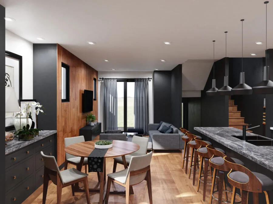 Modern open-concept kitchen and living room with dark cabinetry, wooden dining table, and gray seating area. (5 of 6)