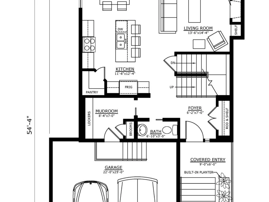Main floor architectural plan for Freya 1872 townhouse showing 780 square feet with garage, kitchen, living spaces, and deck. (1 of 3)