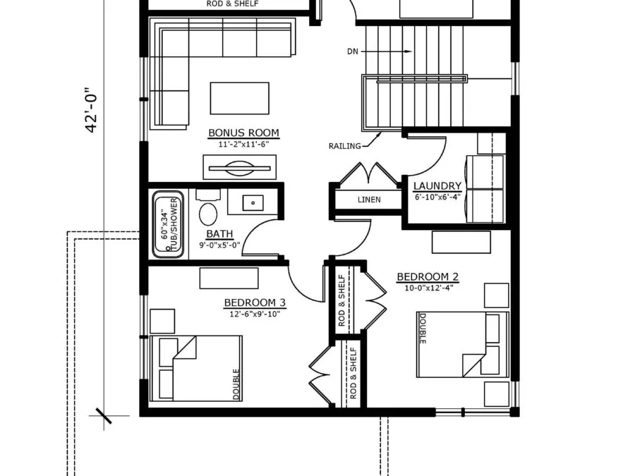 Second floor architectural plan for Freya 1872 home showing 3 bedrooms, ensuite, bonus room, and laundry totaling 1092 square feet. (2 of 3)